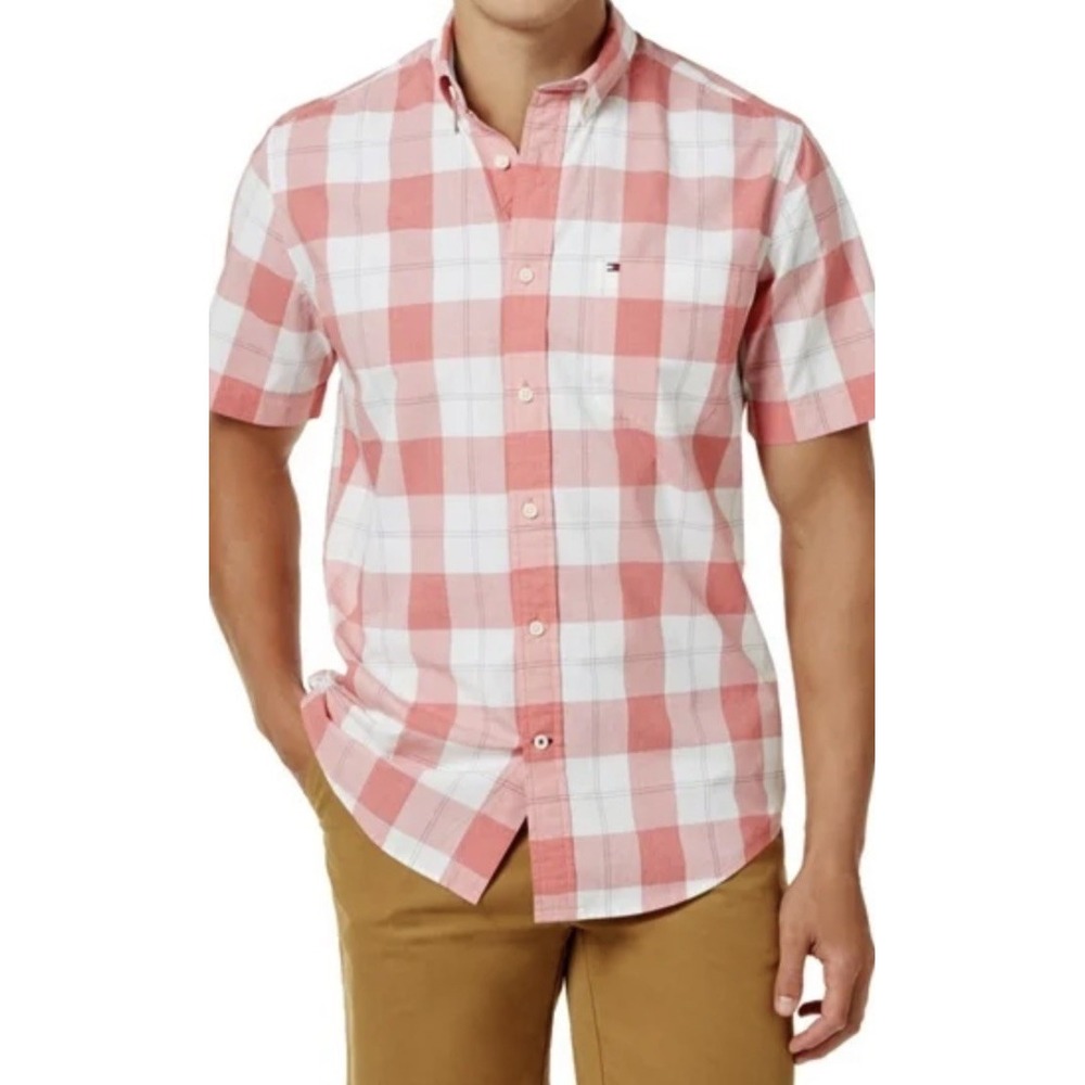 Tommy Hilfiger Men's Slim Fit‎ Short Sleeve Button Down Plaid Pinks Sz M